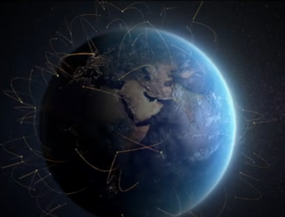 A globe with lines and nodes across it