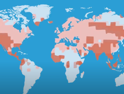 A world map with various regions in light and dark orange