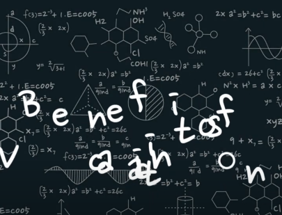 Jumbled letters spell out "Benefits of Vaccination" on top of equations and diagrams