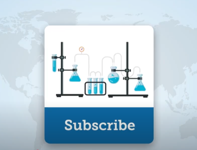 The word "Subscribe" sits under an illustration of lab stands holding flasks and beakers and is superimposed on a world map